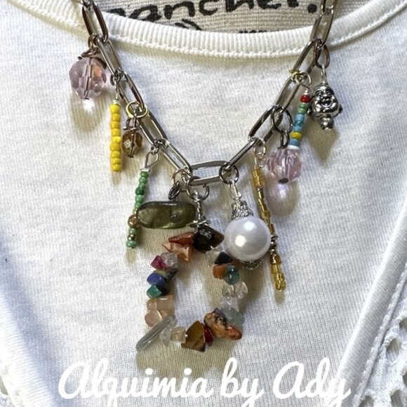 ALQUIMIA Jewelry - Labradorite agate and pearls multi charms necklace